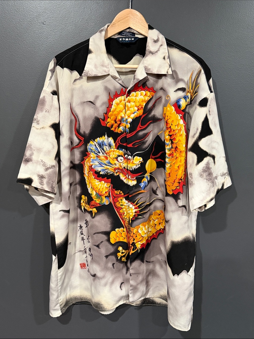 Koman Men’s Short-Sleeve Dragon Print Shirt - Yellow